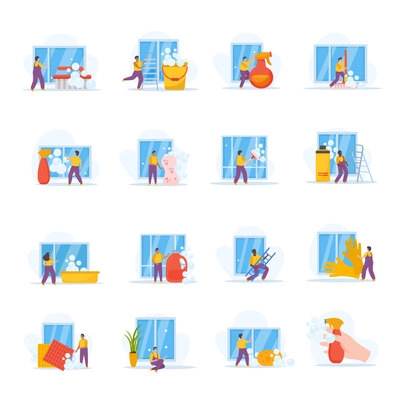 Window cleaning set of flat isolated icons with house windows of various size and worker characters vector illustration