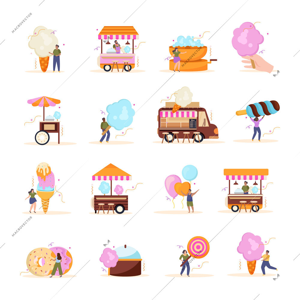 Sweet cotton candy set of flat isolated icons with ice cream lollipop human characters and wagons vector illustration