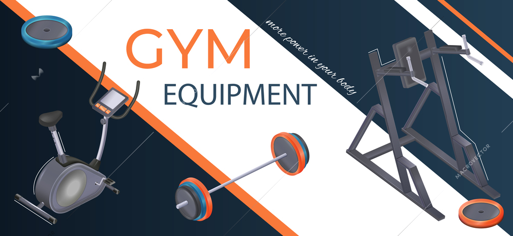 Gym equipment collage with realistic barbell exercise bike and parallel bars vector illustration