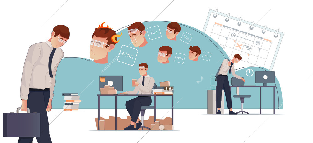 Work week flat concept with emotions of employee on workdays from monday till friday vector illustration