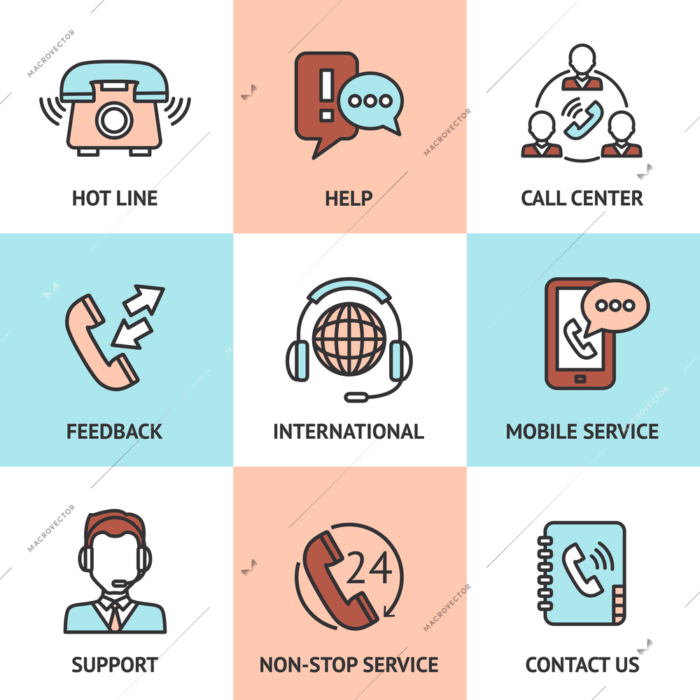 Call center design concept set with hot line help feedback icons isolated vector illustration