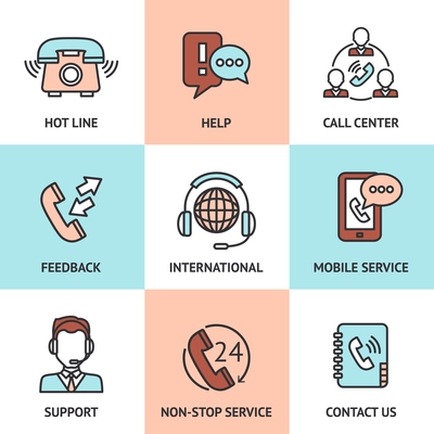 Call center design concept set with hot line help feedback icons isolated vector illustration