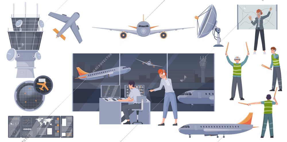 Air traffic control flat icons set with controllers and airplanes isolated vector illustration