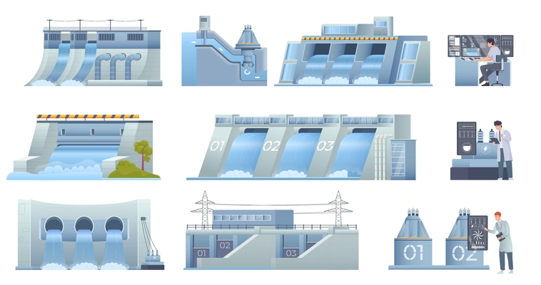 Set of hydro power stations in flat style isolated on white background vector illustration