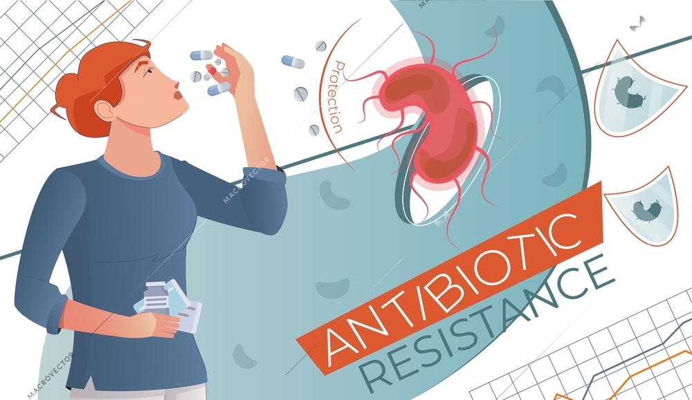 Antibiotic resistance flat medical collage with woman taking lots of pills and capsules vector illustration