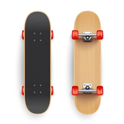 Realistic skate board set with blank background and isolated top and bottom views of wooden skateboard vector illustration