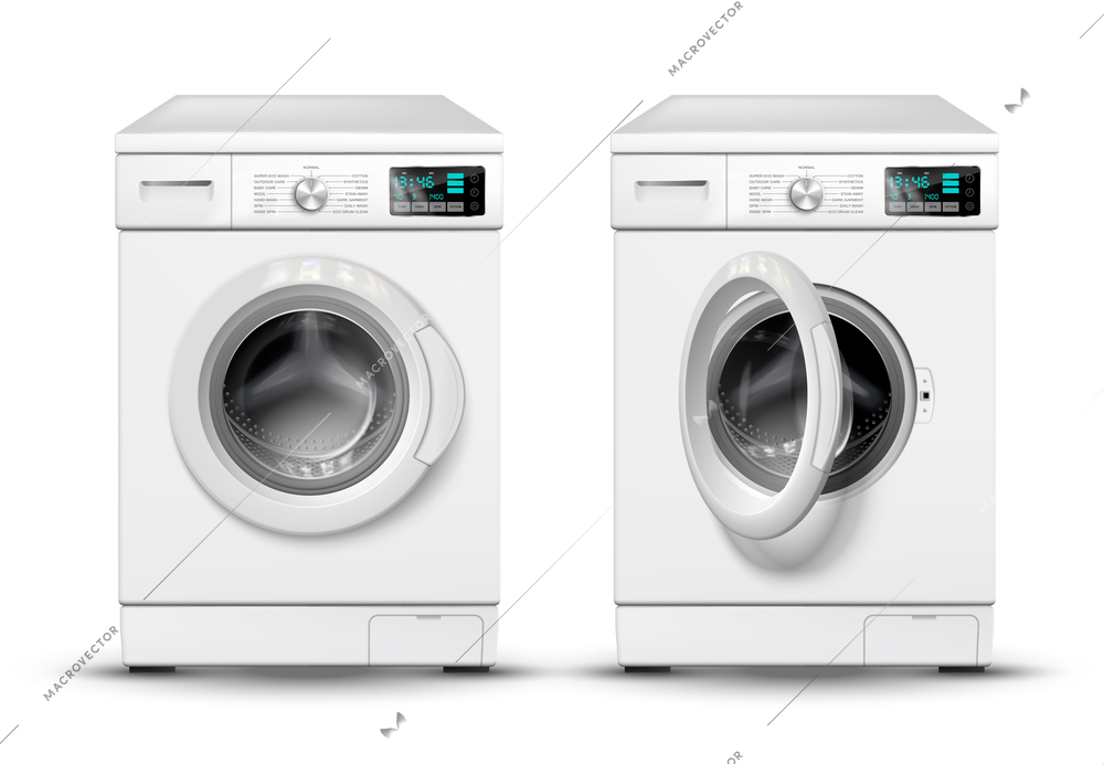 Realistic washing machine set with isolated front views of laundry machines with closed and open door vector illustration