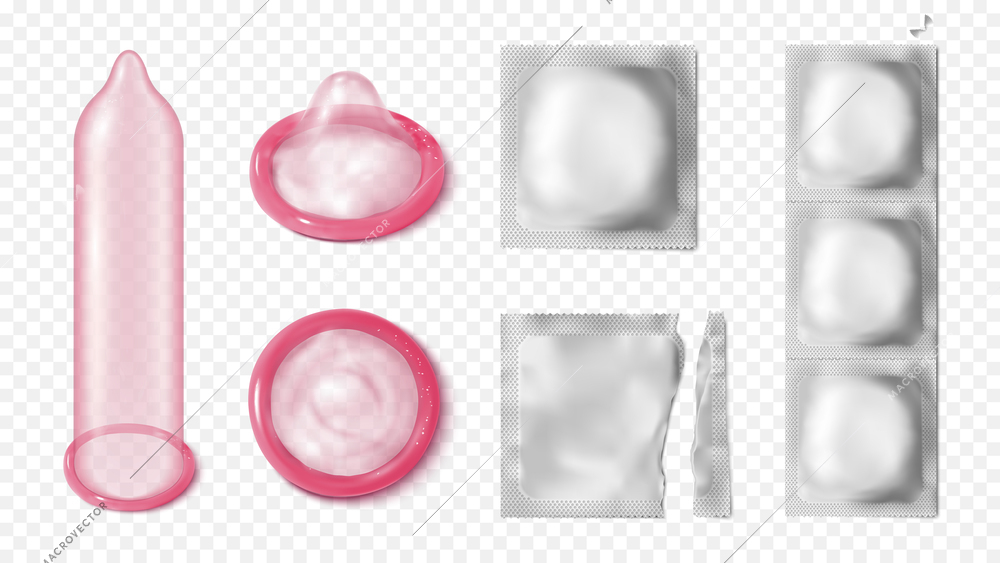 Realistic condom set of isolated icons on transparent background with purple condoms and silver wrap packaging vector illustration