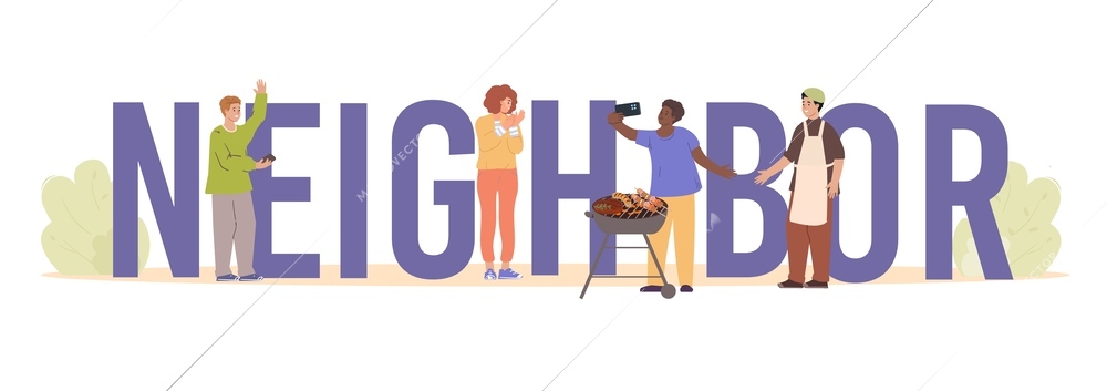 Neighbor people composition with flat text and human characters among letters preparing barbecue on blank background vector illustration