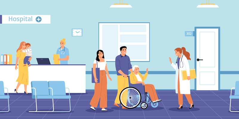 Family doctor composition with indoor scenery of hospital reception desk with family members and medical specialists vector illustration