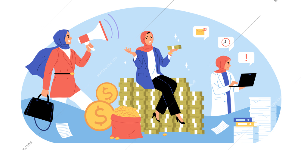 Muslim businesswomen composition with doodle characters of islamic women making lots of money with pictogram bubbles vector illustration