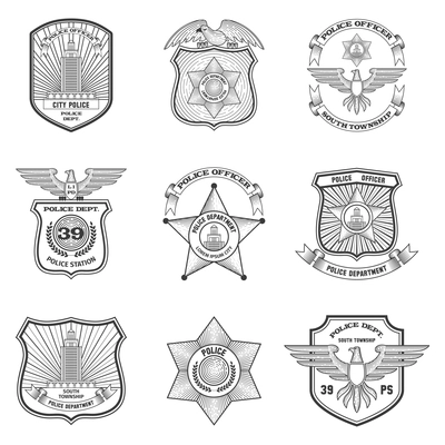 Police officer federal cop department emblems black set isolated vector illustration