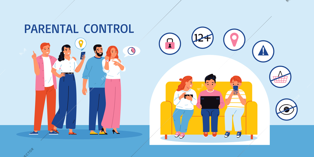 Parental control composition with editable text and characters of parents with teenage kids gadgets and icons vector illustration
