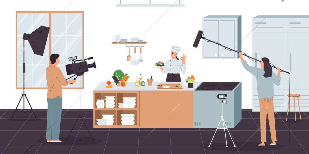 Cooks online composition with indoor scenery of big kitchen with starring female cook and shooting crew vector illustration