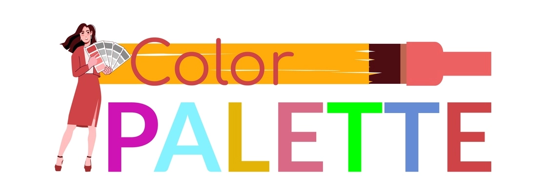 Color palette flat text banner with colorful letters and female designer vector illustration