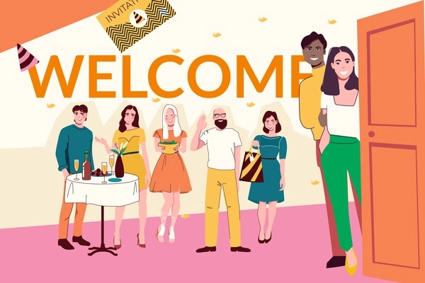 Flat style collage with happy male and female guests and welcoming couple vector illustration