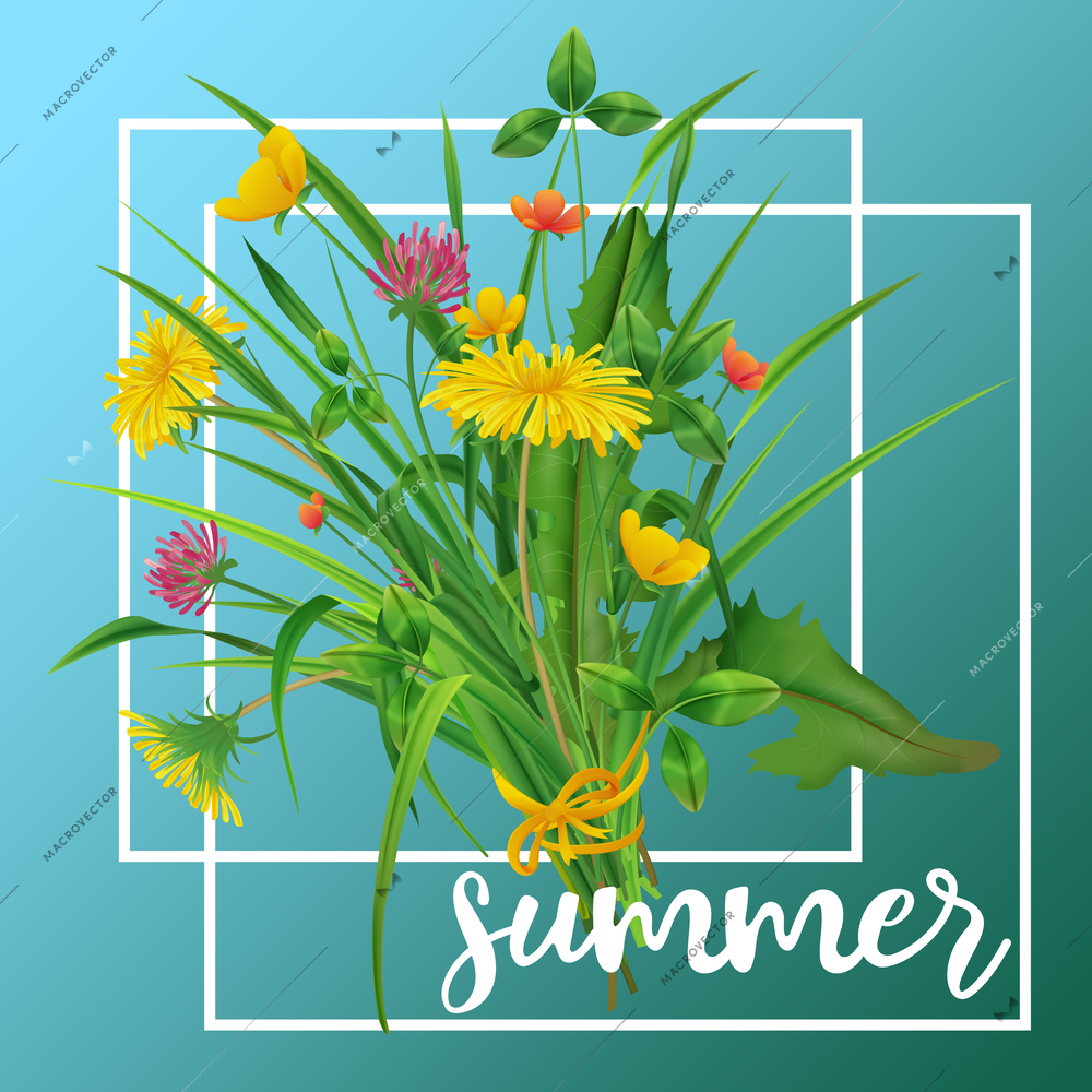 Summer realistic blue background decorating with bouquet consisting of dandelions clovers buttercups vector illustration
