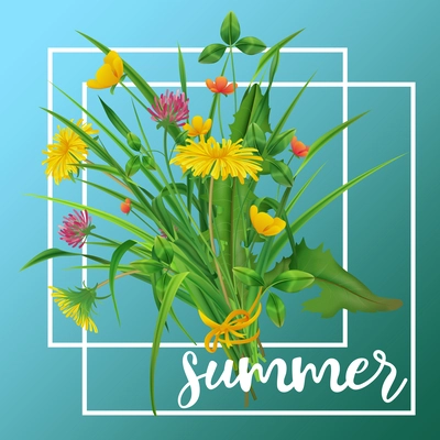 Summer realistic blue background decorating with bouquet consisting of dandelions clovers buttercups vector illustration