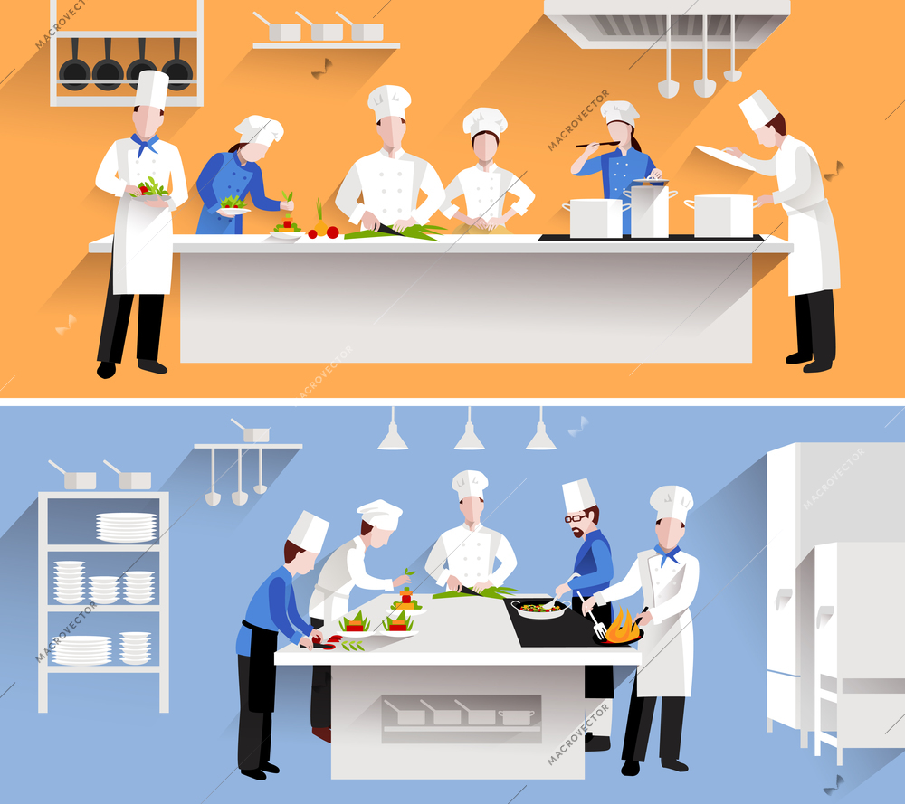 Cooking process with chef figures at the table in restaurant kitchen interior isolated vector illustration