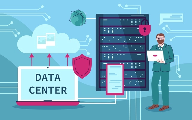 Data center collage with information storage symbols flat vector illustration
