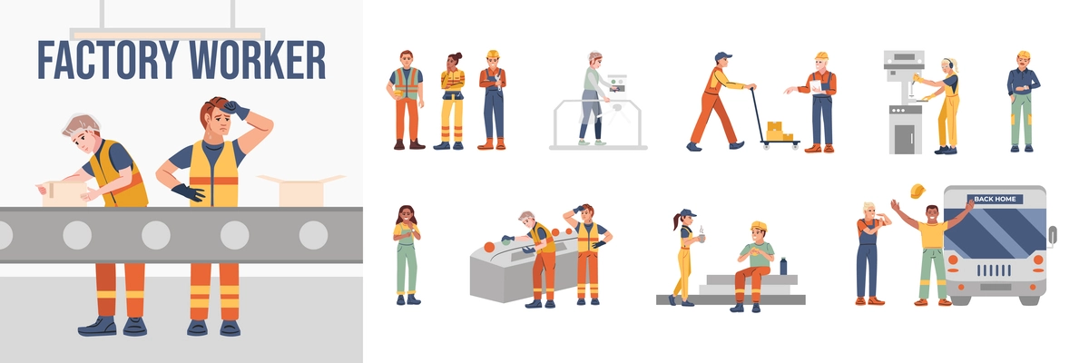 Flat composition set of factory workers during their working day isolated vector illustration