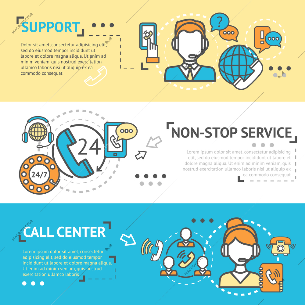 Call center horizontal banner set with non-stop support service elements isolated vector illustration