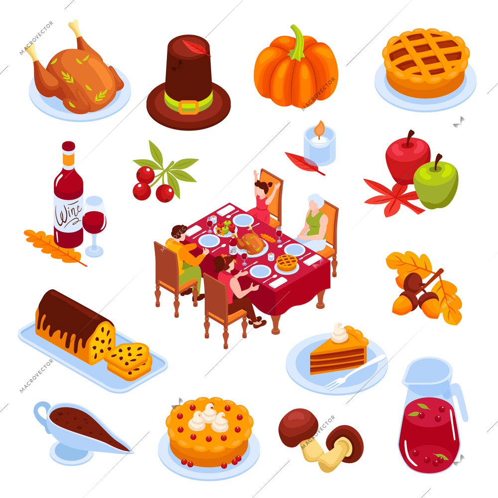 Thanksgiving day isometric set of traditional holiday elements and  festive dishes isolated vector illustration
