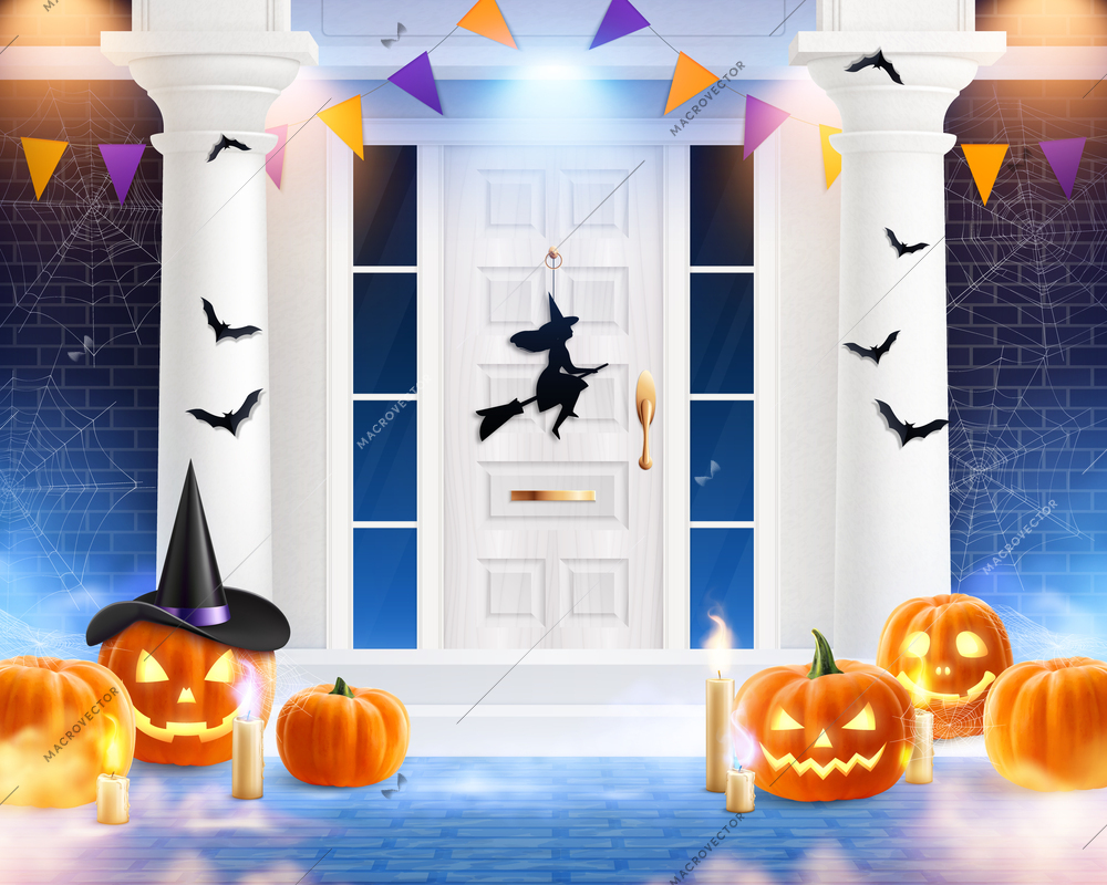 Colored traditional house front concept in the dark spooky style with decorated halloween courtyard vector illustration