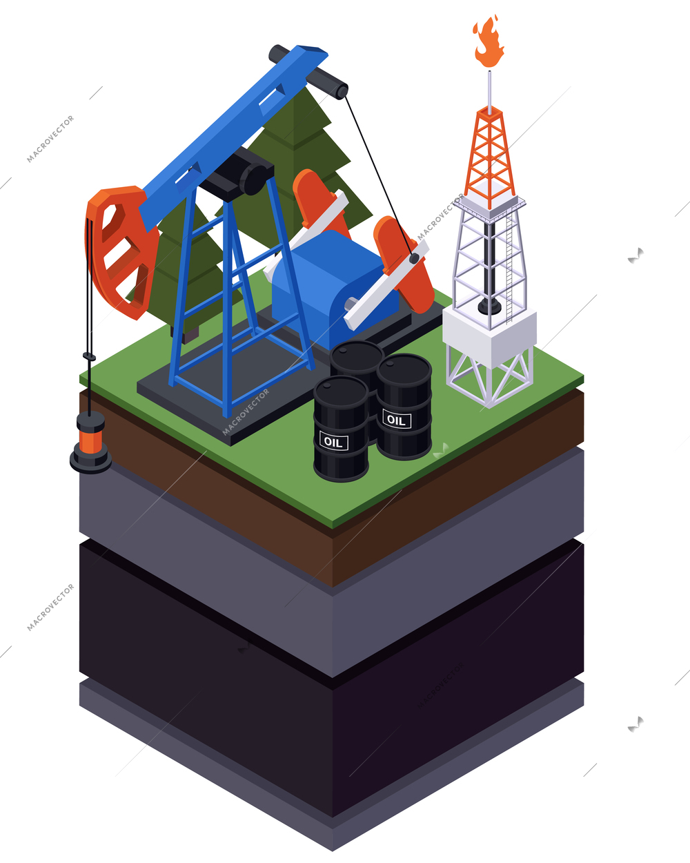 Earth sciences geology petrology seismology volcanology isometric composition with isolated view of ground layers oil derrick vector illustration