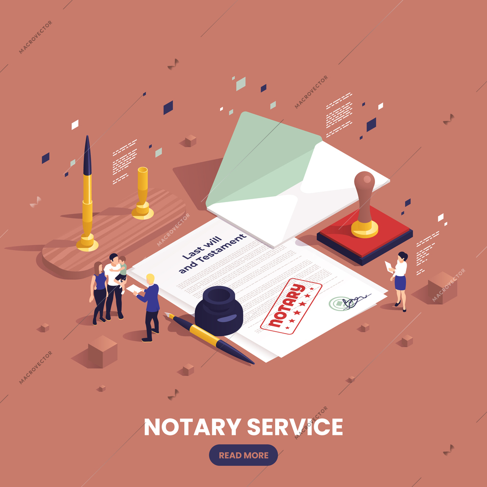 Notary services isometric and colored composition with last will and testament document vector illustration