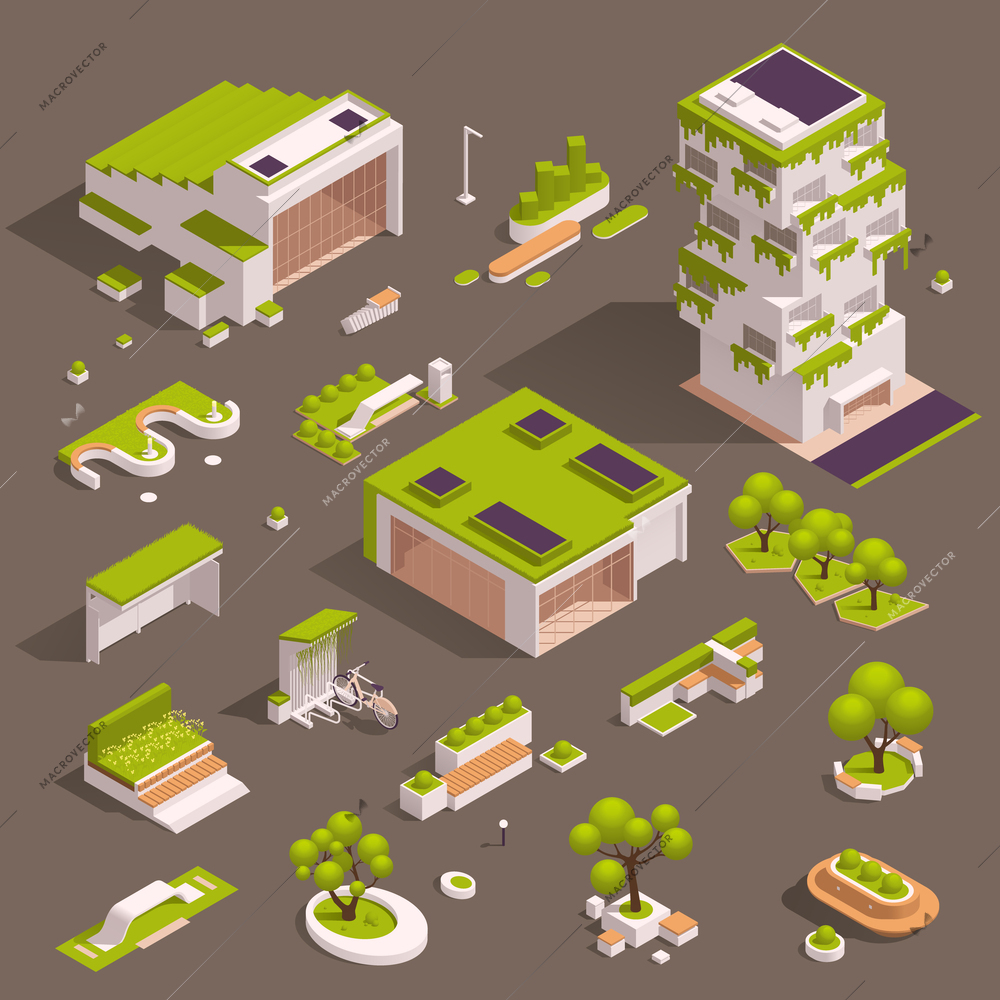 Urban city green spaces eco design isometric icon set with trees houses flowerbeds benches vector illustration