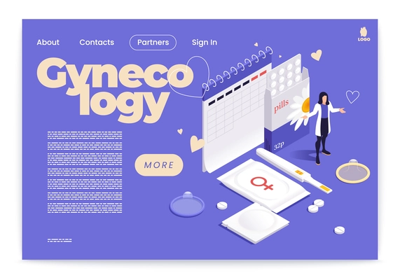 Sections of medicine colored isometric banner or landing page with gynecology headline and links vector illustration