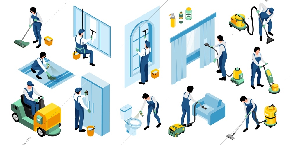 Cleaning service isometric color set of people working in cleaning company washing objects indoor and outdoor isolated vector illustration