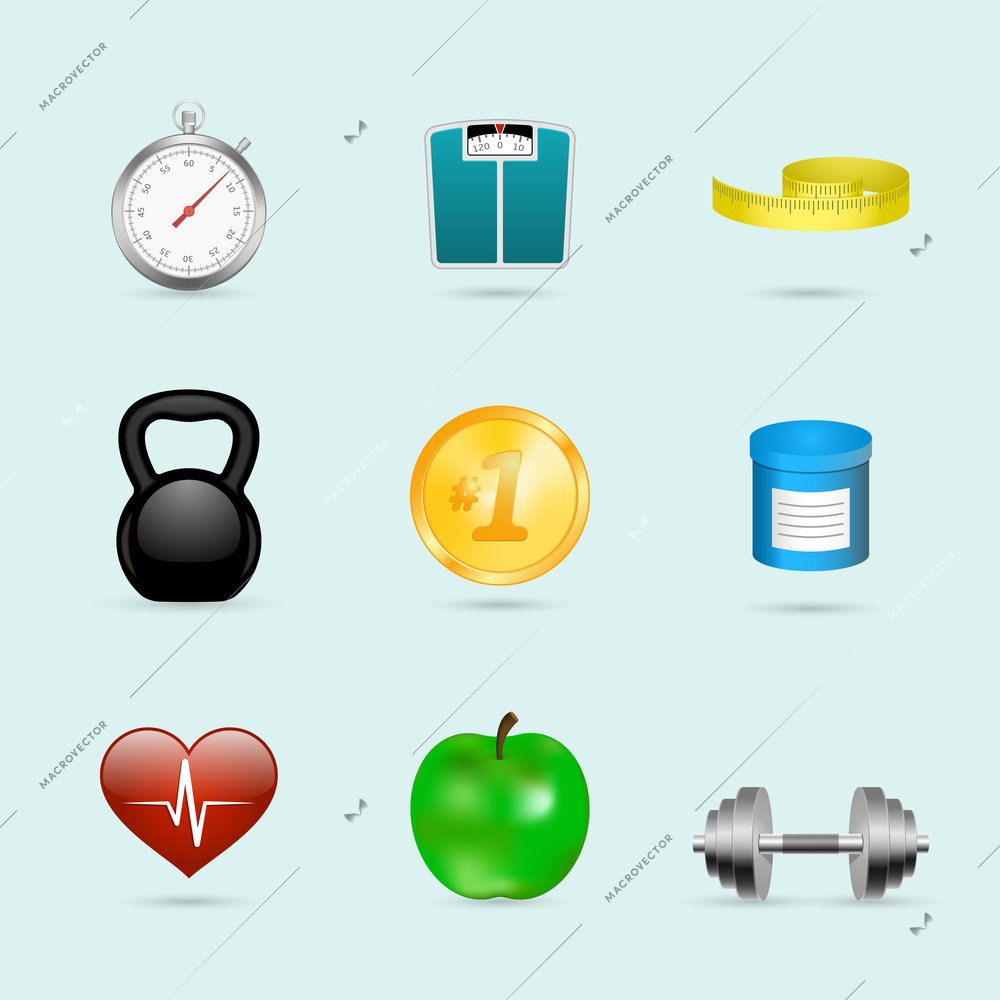 Fitness sport healthcare realistic icons set of scales apple and dumbbells vector illustration