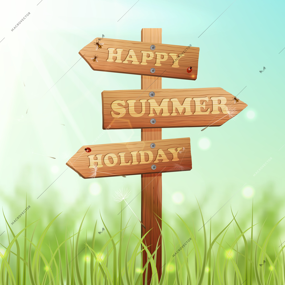 Wooden arrow information sign on summer meadow background vector illustration