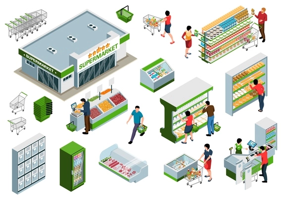 Isometric elements of supermarket trading hall with buyers choosing products on shelves trays and counters isolated on white background vector illustration