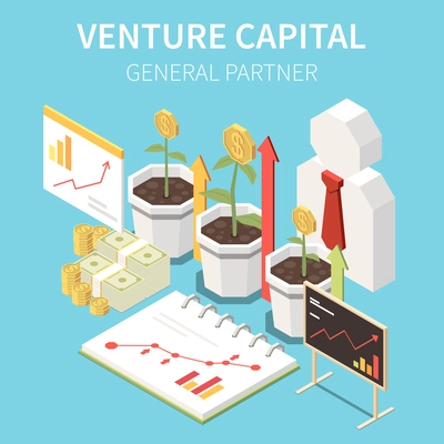 Venture capital composition with text and isometric icons of money plants and graphs of company growth vector illustration