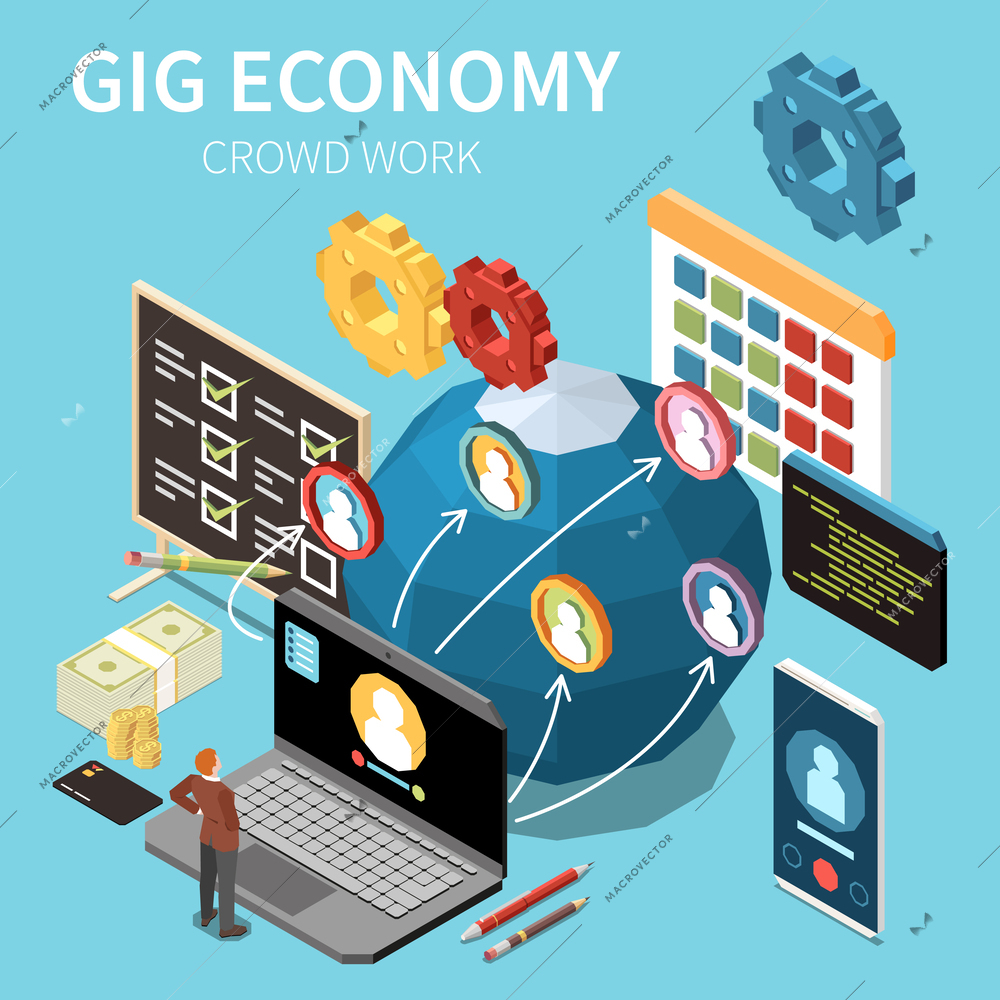 Gig economy isometric composition with icons of calendars gadgets earth globe user connections gears and text vector illustration