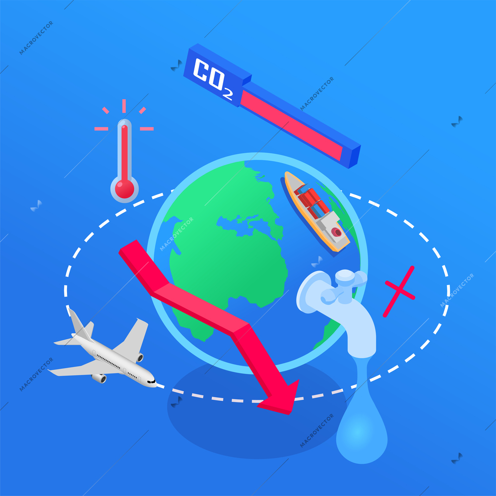 Consumerism isometric concept with globe and co2 emission symbols vector illustration