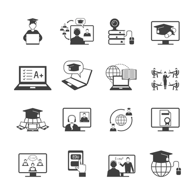 Online education video learning digital graduation icon black set isolated vector illustration