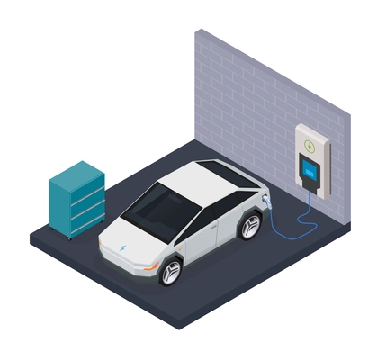 Electromobile transport isometric concept with electric car private charging station vector illustration