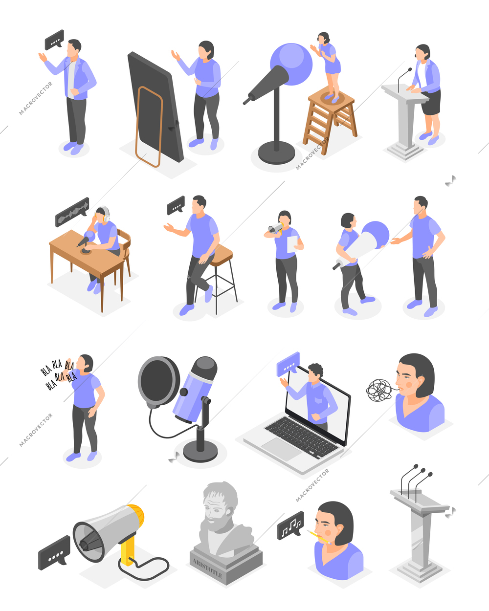 Rhetoric public speaking training isometric icons set with people practising with microphones in front of mirror isolated vector illustration