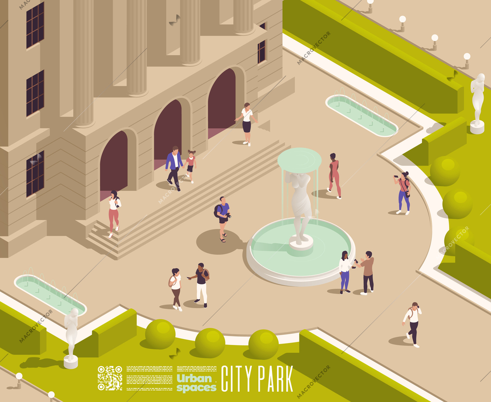 Park fountains ponds gazebo isometric composition with outdoor scenery of theatre garden with people and text vector illustration