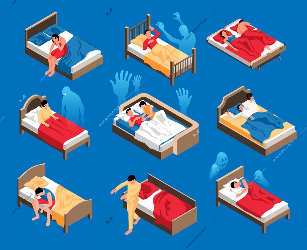 Isometric set of people in their beds suffering from nightmares insomnia and somnambulism isolated on blue background vector illustration