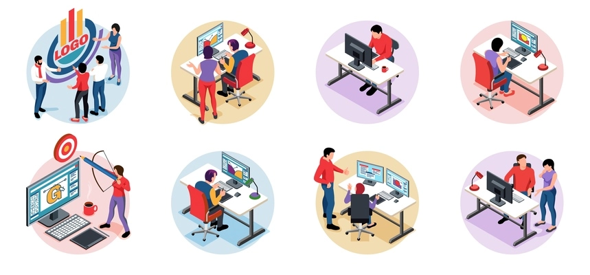 Design studio compositions set with male and female designers working on computers in office isometric isolated vector illustration