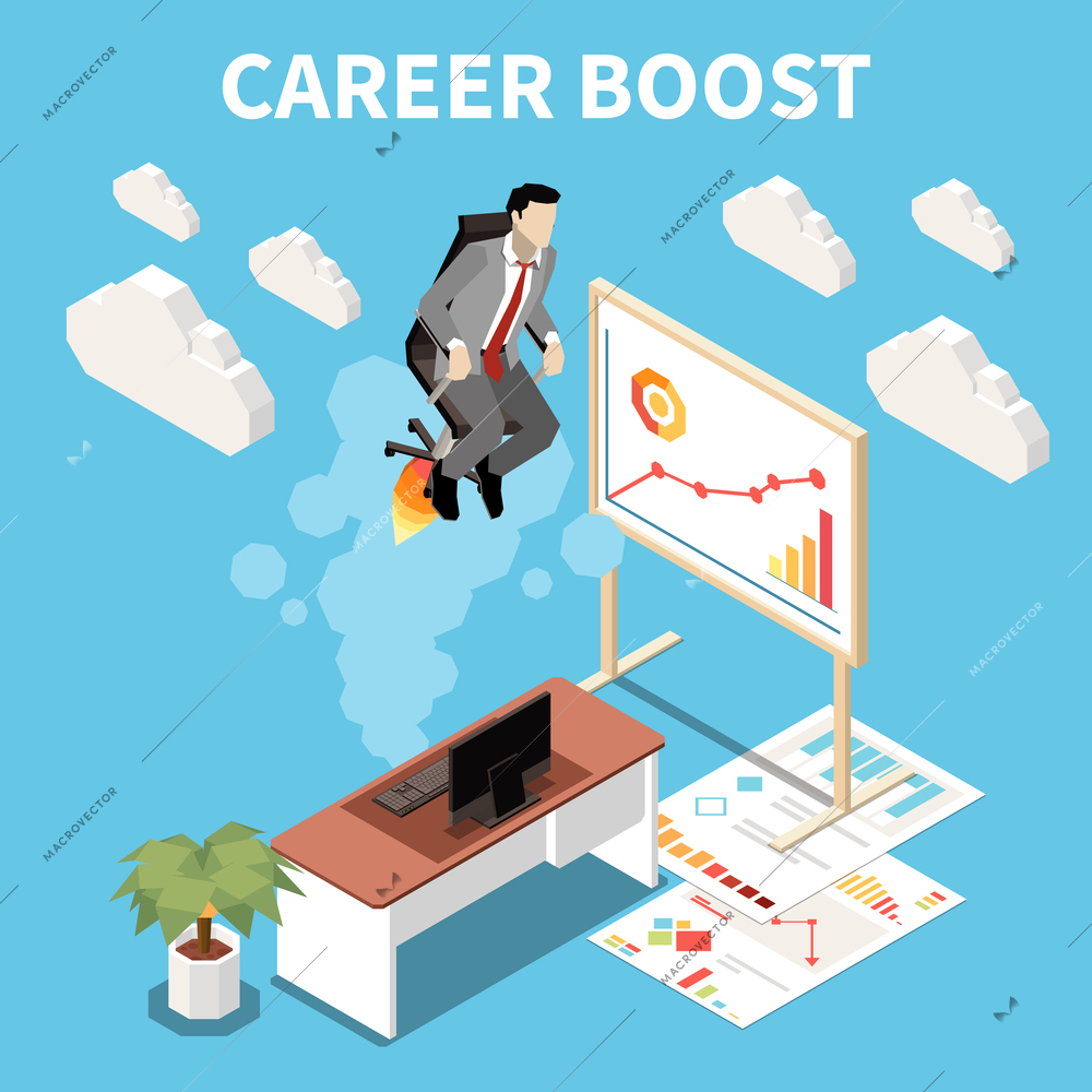 Career boost isometric concept with abstract situation the man flies on chair like rocket vector illustration