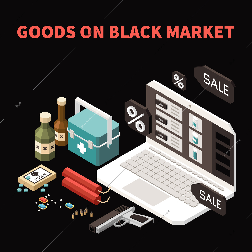 Black market isometric colored concept with goods on black market and different drugs and medicines vector illustration