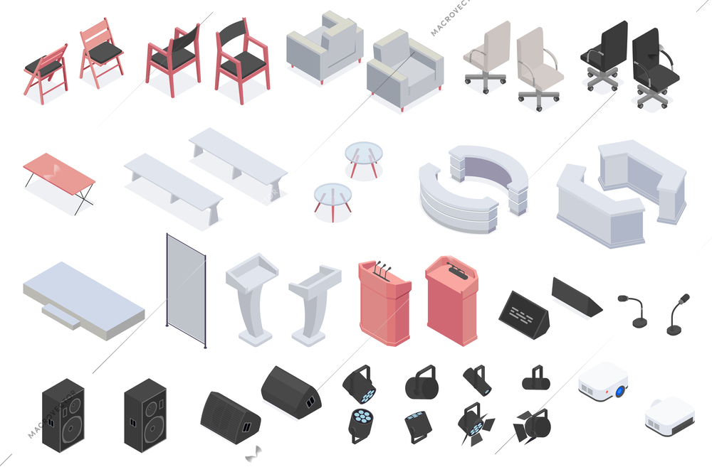 Conference hall set with meeting room equipment symbols isometric isolated vector illustration