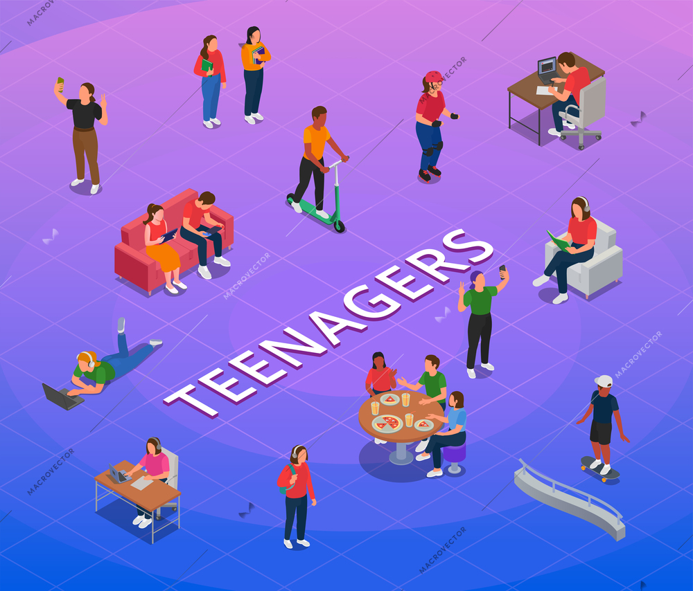 Teenagers flowchart with gadgets and socialization symbols isometric vector illustration