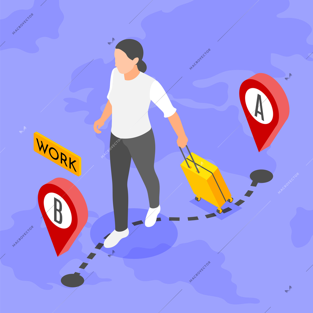 Isometric concept of work migration on color background with woman leaving motherland with suitcase to get job abroad vector illustration